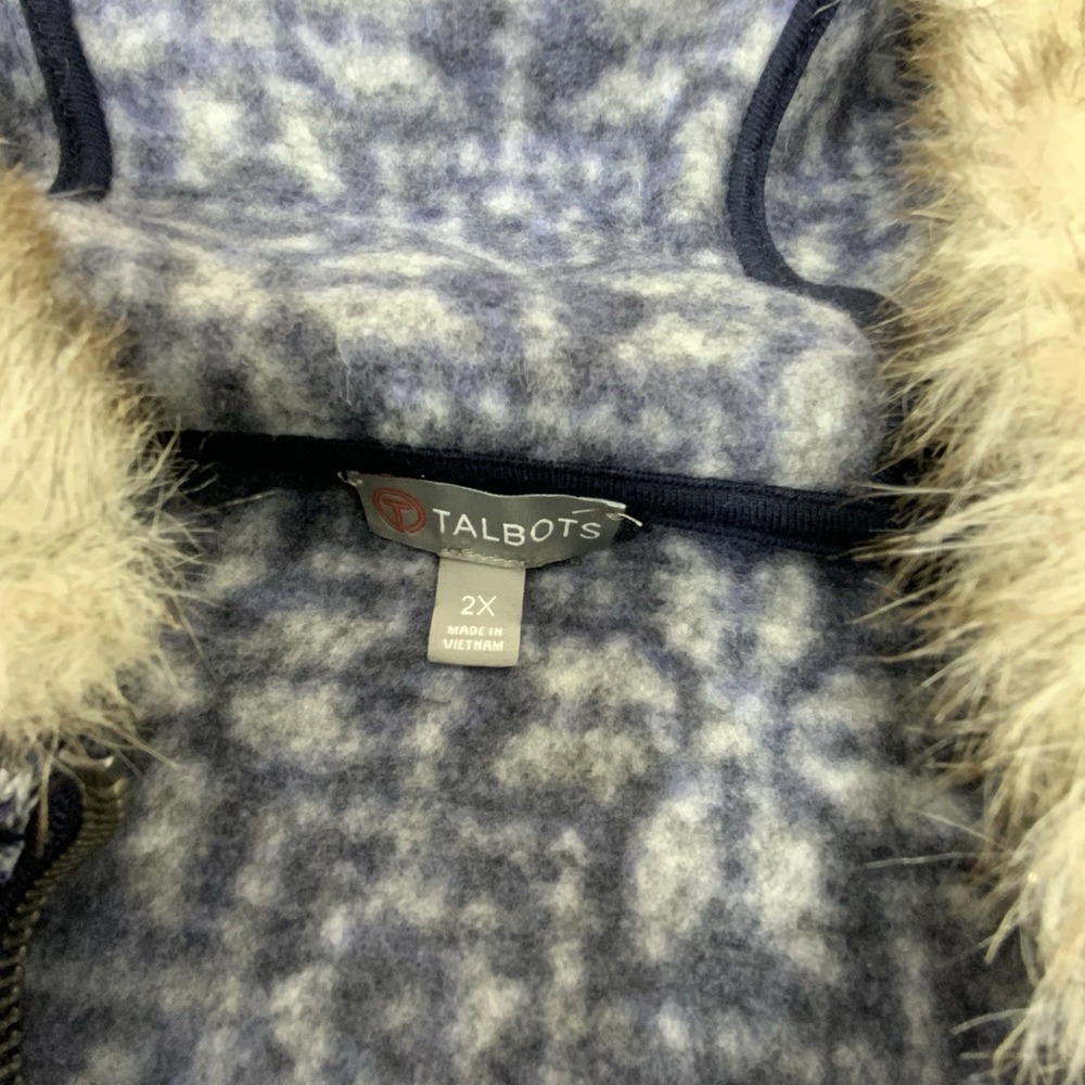 Talbots‎ Knit Vest Full Zip Navy Blue Faux Fur Trim Hood Snow Flake Nordic 2X - Picture 13 of 16